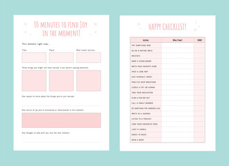 10 mins to find joy in the moment and Happy check list planner. Vector illustration. 