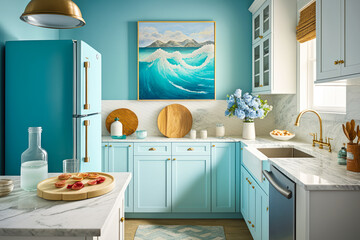 A beachy kitchen with light blue walls, nautical decor, and a marble countertop - Generative AI
