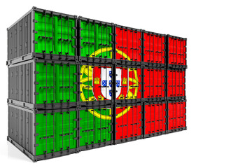 Obraz premium The concept of Portugal export-import, container transporting and national delivery of goods. The transporting container with the national flag of Portugal, view front