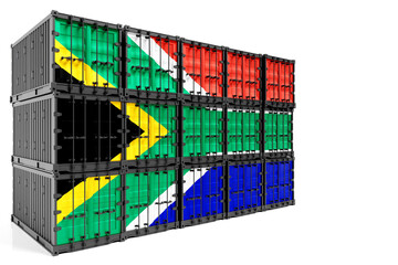 Obraz premium The concept of South African Republic export-import, container transporting and national delivery of goods. The transporting container with the national flag of South African Republic, view front