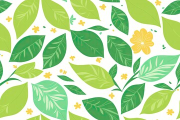 Ficus leaves pattern, flowers background. Seamless flat painting. Beautiful tribal generative ai art background