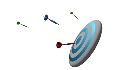 Dart arrows are throwing to blue dart board (3D Rendering)