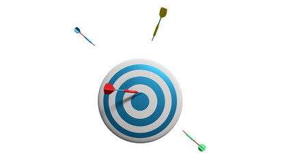 Dart arrows are throwing to blue dart board (3D Rendering)