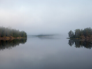 landscape with morning mist over forest lake