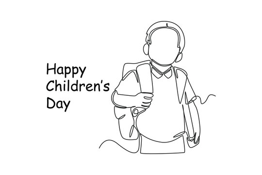Continuous one line drawing happy boy with his back bag. Happy Children's Day concept. Single line draw design vector graphic illustration.