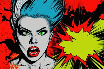 Comic Style Punk Woman Shouts with Vivid Lips on Colorful Pop Art Background - Generative AI
