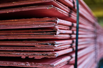 Cathode copper plates stack as finished product in warehouse