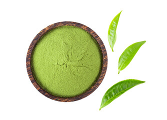 Obraz na płótnie Canvas powdered matcha green tea in bowl and leaf isolated on transparent png
