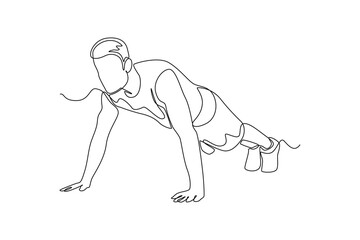 Single one line drawing Man doing push up. Fitness activity concept. Continuous line draw design graphic vector illustration.