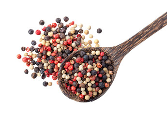 Mixed of peppers hot, red, black, white in wood spoon isolated on transparent png