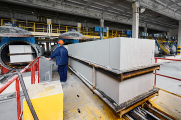 Worker controls concrete blocks outputting out of digester