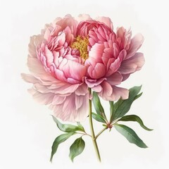 Beautiful pink peony on white background. Watercolor illustration of a light pink flower. Generative AI art. - obrazy, fototapety, plakaty