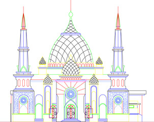 Sketch vector illustration of the colourful holy mosque where Muslims pray