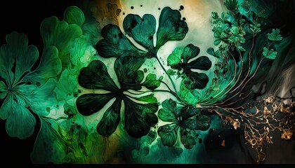 Saint Patrick's Day Alcohol ink painting with Dark color palette: A Beautiful Unique Artistic Designer Wallpaper Background Template for Celebration Presentation, Ad, and all Purposes generative AI