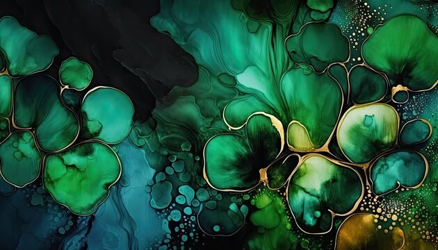 Saint Patrick's Day Alcohol ink painting with Dark color palette: A Beautiful Unique Artistic Designer Wallpaper Background Template for Celebration Presentation, Ad, and all Purposes generative AI