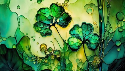 Saint Patrick's Day Alcohol ink painting with Vibrant color palette: A Beautiful Unique Artistic Designer Wallpaper Background Template for Celebration Presentation, Ad, and all Purposes generative AI