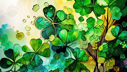 Saint Patrick's Day Alcohol ink painting with Vibrant color palette: A Beautiful Unique Artistic Designer Wallpaper Background Template for Celebration Presentation, Ad, and all Purposes generative AI