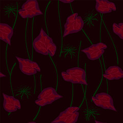 Bright tropical natural print, pink, leaves,  plants. Abstract trendy black background. Seamless  pattern Hand drawn, vector