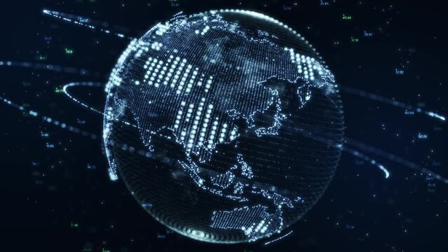 planet earth world map rotating motion graphic, future technology business concept