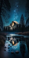 Beautiful illustration of Yosemite Valley with Half Dome and the Milky Way. Generative AI