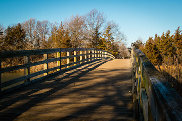 The wood bridge in Sunken Meadow State Park, New York, in the Winter 