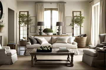 Neutral living room - a space that incorporates a mix of neutral colors and textures, often featuring natural materials like wood and linen, Generative AI	