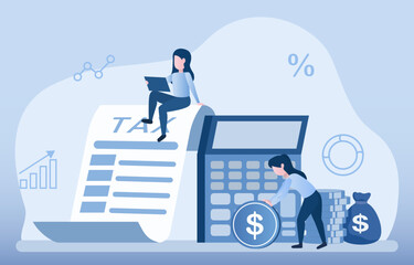 Business people are calculating annual income tax. She is reviewing her financial documents. Business idea. Tax calculation concept. Vector illustration.