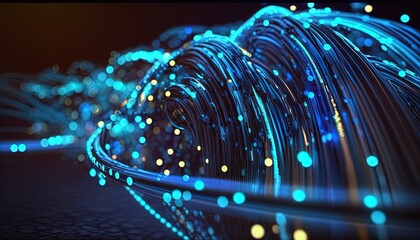 Fiber optic cable runs, data connections, connections, luminous elements created with generative ai technology