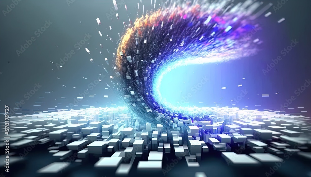 Poster tornado of digital disruption and innovation full of data particles flying around created with gener