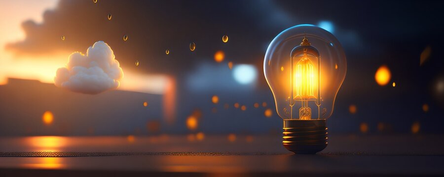 A Light Bulb Sitting On Top Of A Table Next To A Cloud Filled Sky With Raindrops On It