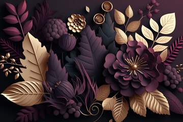 3d paper flowers and leaves background in dark plum, violet and gold, AI generated, floral botanical wallpaper. Design for greeting card background, beauty products, fashion, template, banner.