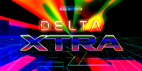 Retro futuristic 80s editable text effect style delta xtra vibrant back to the future theme with experimental background, ideal for poster, flyer, social media post with give them the rad 1980s touch