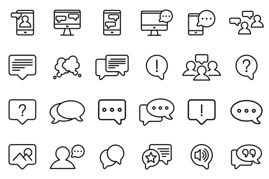 set of text message icons vector. 24 text message and bubble chat line icons, group chat, bubble chat, voice message and discussion