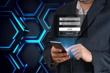 login landing page concept. man typing login and password. Hand use mobile smartphone for log in to enter login and password. sign in page concept