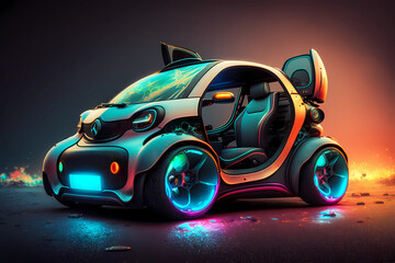 Abstract electric car with neon lights on a dark background. 3d rendering. Generative AI.