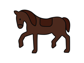 the brown horse is walking with its head bowed