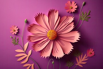 3d papercut pink colored cosmos flower on pink background, 3d render wallpaper 