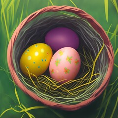 Easter eggs in a nest. 
Created using generative AI 