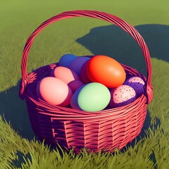 Easter eggs in a basket. 
Created using generative AI 