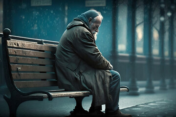 A very depressed man who lost his home, or his job, or his wife, partner or girlfriend, sitting  alone on a becnh in a cold day in a coat, being gloomy and teary. Illustration of depression and loss.  - obrazy, fototapety, plakaty