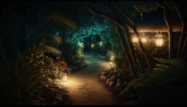 Illustration of dimly light tropical beach path at night