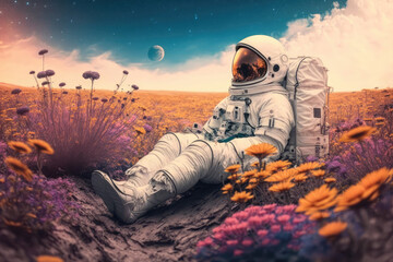 Beautiful astronaut sitting in in a field of flowers on a different planet, generative AI