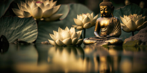 gold Buddha statue on the water with lotuses at sunset, generative AI