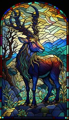 Artistic Beautiful Desginer Handcrafted Stained Glass Artwork of a Markhor Animal in Art Nouveau Style with Vibrant and Bright Colors, Illuminated from Behind (generative AI)