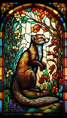 Fototapeta premium Artistic Beautiful Desginer Handcrafted Stained Glass Artwork of a Marten Animal in Art Nouveau Style with Vibrant and Bright Colors, Illuminated from Behind (generative AI)