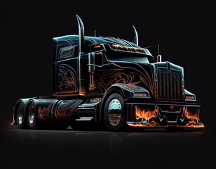 Black truck with fire image panel on night background.  Generative AI.