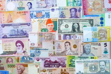 Country multi-currency banknotes and currency exchange concept