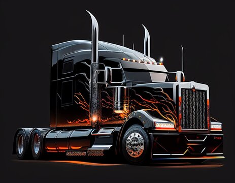 Black Truck With Fire Image Panel On Night Background.  Generative AI.