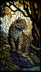 Artistic Beautiful Desginer Handcrafted Stained Glass Artwork of a Tiger Animal in Art Nouveau Style with Vibrant and Bright Colors, Illuminated from Behind (generative AI)