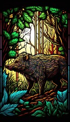 Artistic Beautiful Desginer Handcrafted Stained Glass Artwork of a Wild Boar Animal in Art Nouveau Style with Vibrant and Bright Colors, Illuminated from Behind (generative AI)